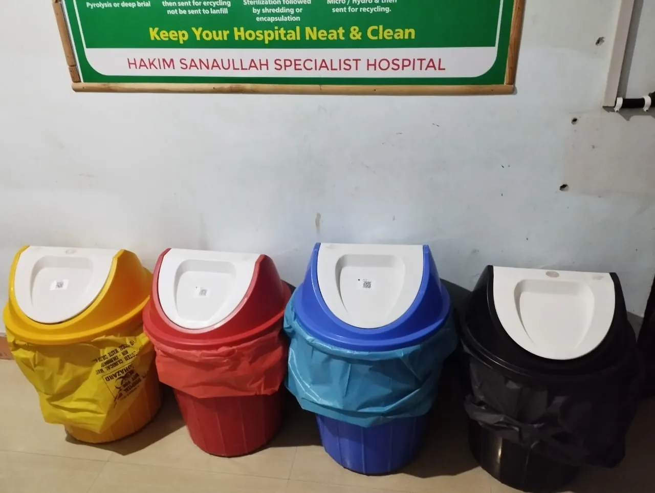 Colour-coded biomedical waste segregation bins at HSSHCC